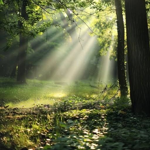 Sunbeams filtering through tall green trees in a peaceful forest